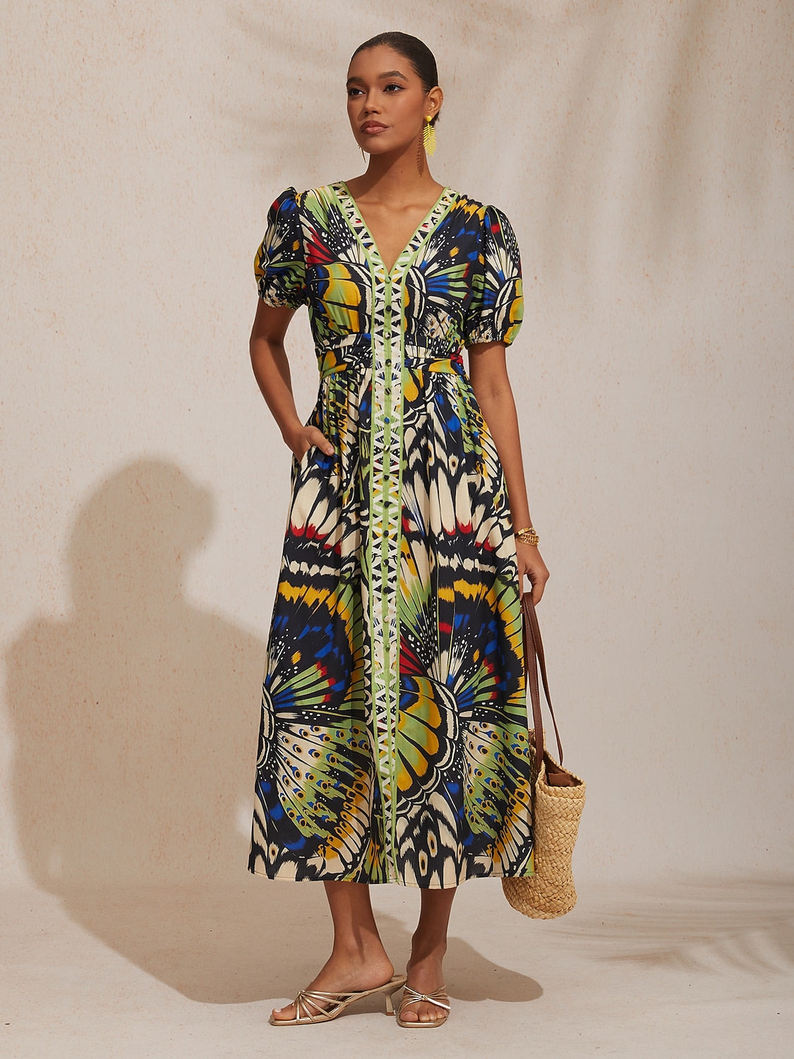 Sommernacht Leinen-ähnliches Maxikleid mit Palmenmuster