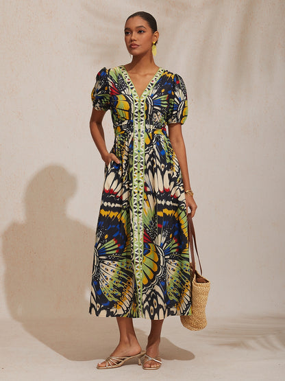 Sommernacht Leinen-ähnliches Maxikleid mit Palmenmuster