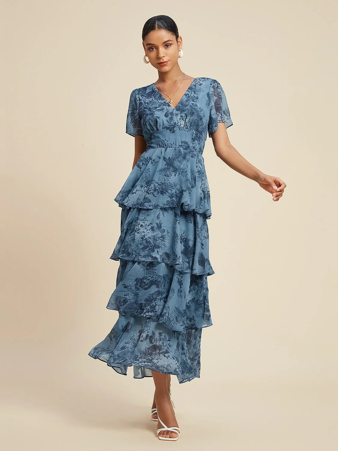 Abstract Floral Ruffle Chiffon Maxi Dress