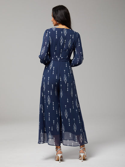 Women's Jumpsuit Green Chiffon Printed Wide Leg V Neck Waist Cinching Elegant Stand Out Destination Wedding Guest Daily Vacation Casual Spring Summer Fall