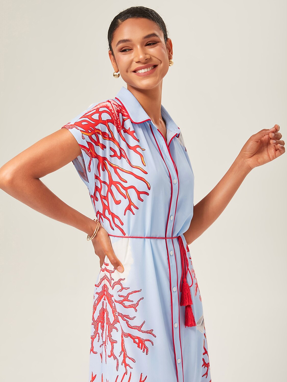 Coral Effortless Cotton-Style Shirt Dress