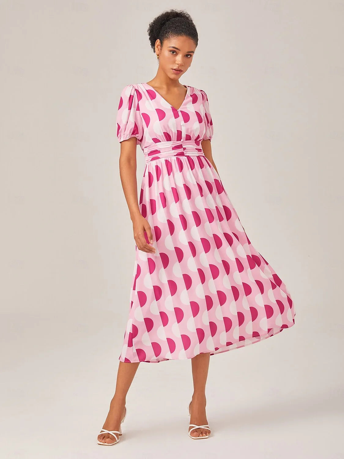 Pink Polka Dot Geometric Print Cinched Waist Dress