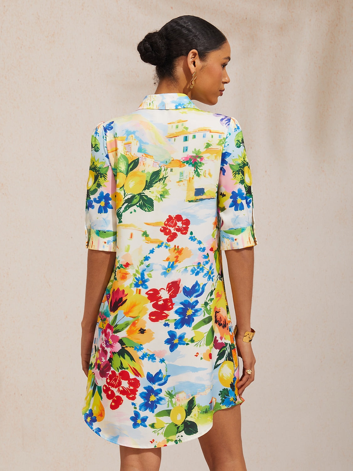 Ocean Blue Orchid Silky Satin Floral Shirt Dress