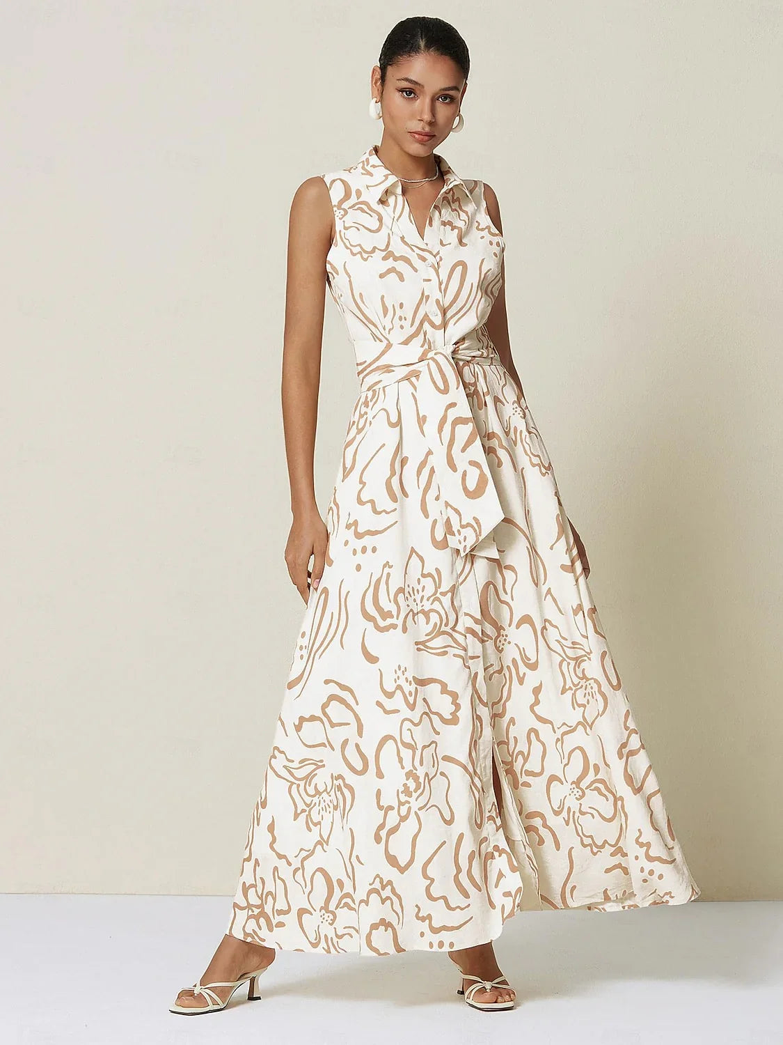 A-Line Abstract Print Pocket Waist Slim Fit Maxi Shirt Dress