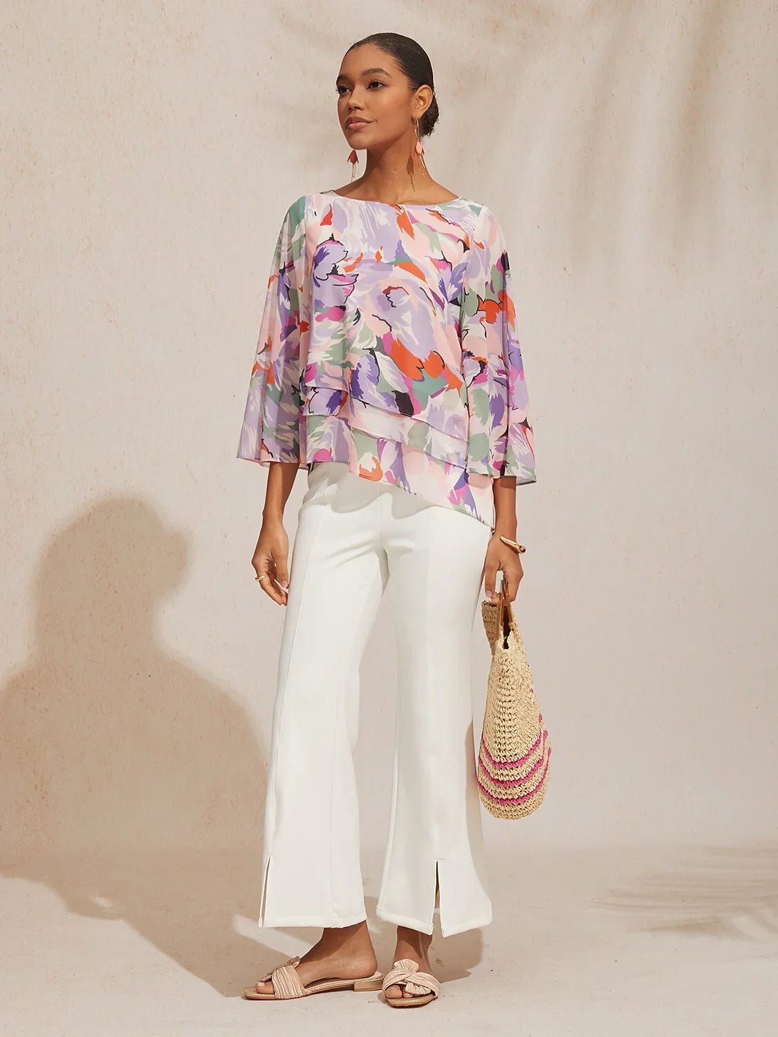 Spring Blooms Flowy Chiffon Layered Design Pink Blouse