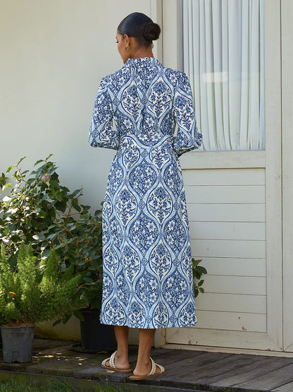 Azure Medallion Silky Satin Midi Dress