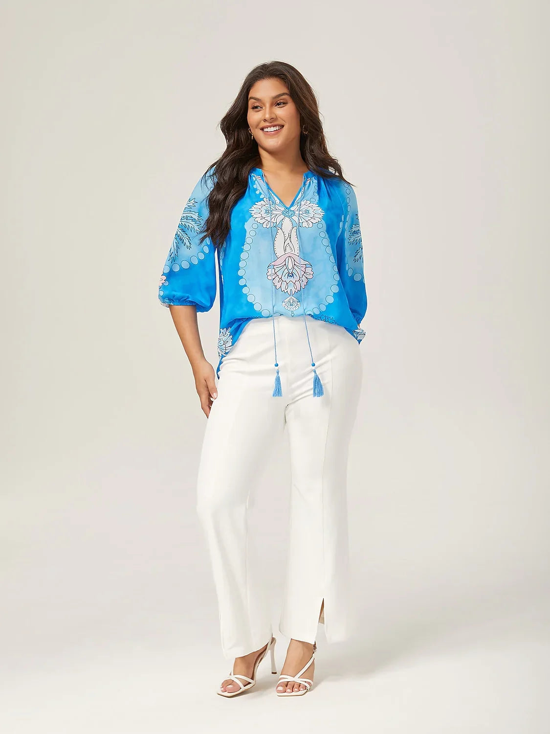 Vacation-Style Placement Print Pullover Chiffon Top