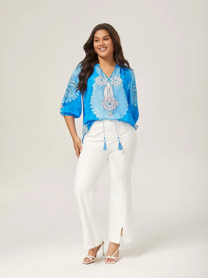 Vacation-Style Placement Print Pullover Chiffon Top