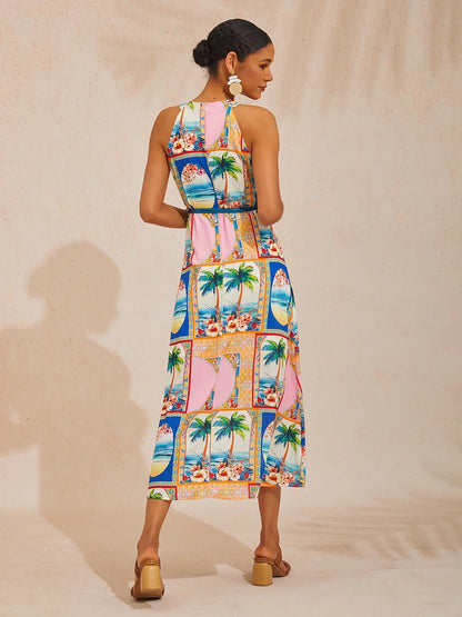 Summer Escape Geometric Waist-cinching Satin Maxi Dress