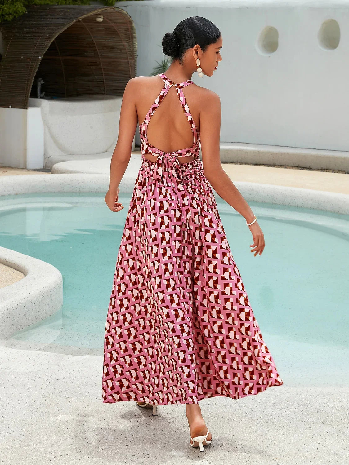 Rayon Geometric Print Lace Trim Maxi Dress