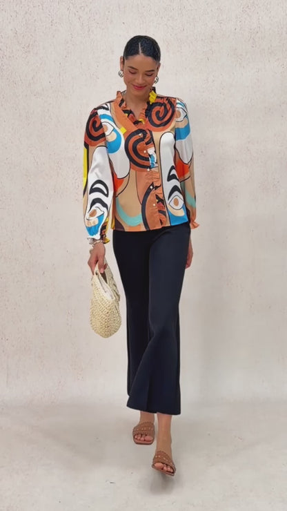 Abstract Art Silky Satin Ruffle Trim Blouse