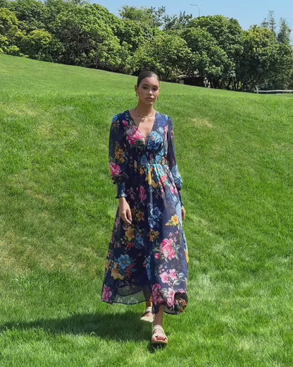 Sapphire Rose Garden Flowy Chiffon Maxi Dress