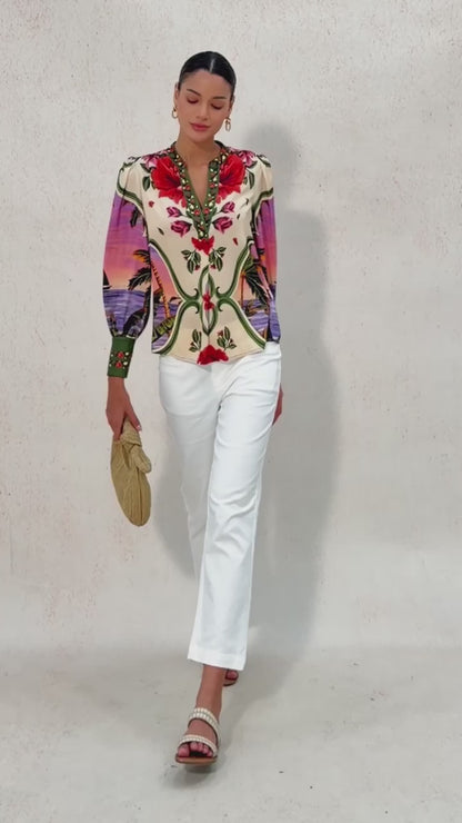 Hawaii Palm Silky Satin Blouse