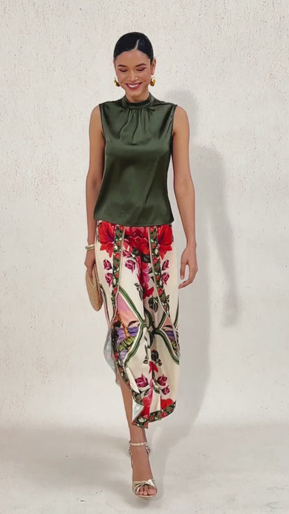 Hawaii Palm Silky Satin Floral Pants