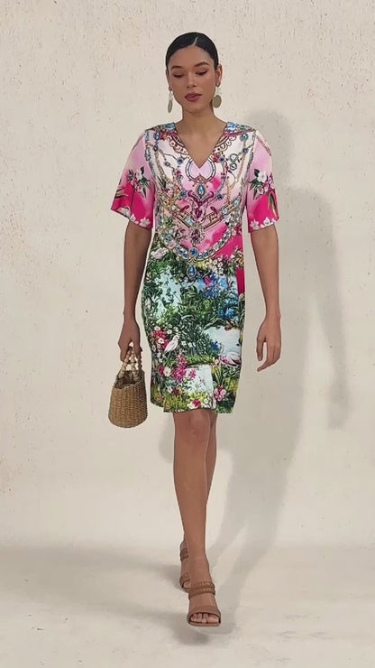 Pink Jungle Party Silky Satin Diamond Mini Dress