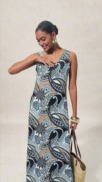 Abstract Paisley Fitted High Stretch Knit Maxi Dress