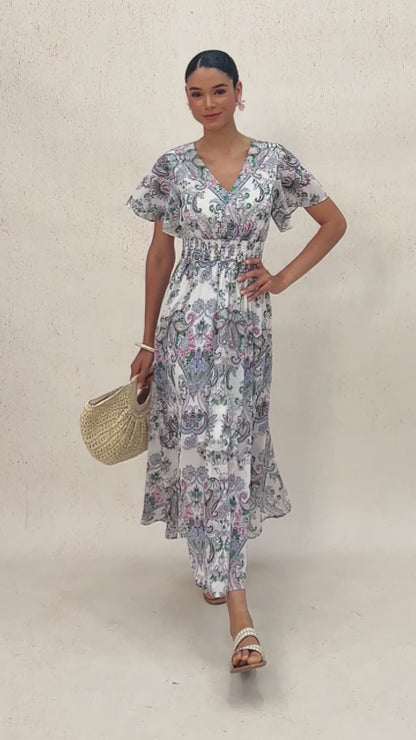 Mint Paisley Flora Flowy Chiffon Maxi Dress
