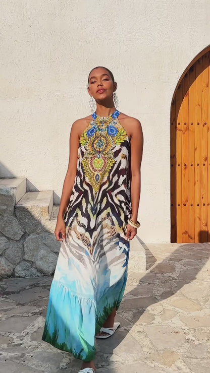 Robe Maxi Fluide en Mousseline Imprimé Tigre Dégradé