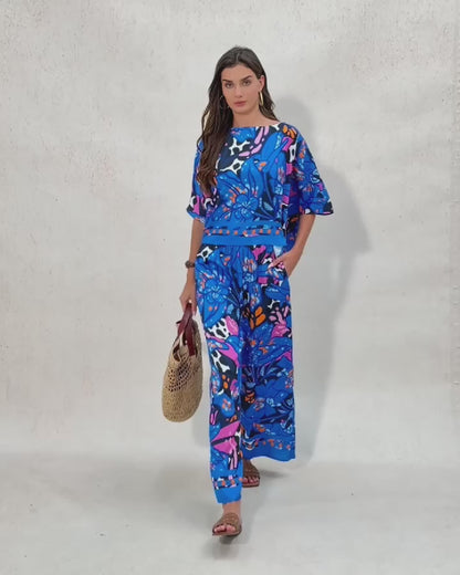Abstract Azure Silky Satin Wide Leg Pants