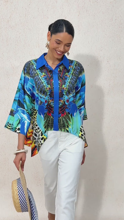 Jungle Wild Party Silky Satin Dolman Sleeve Shirt