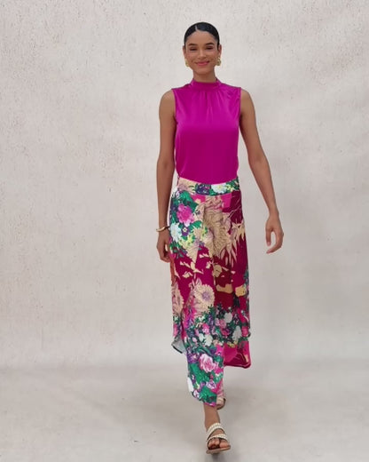 Fiery Pink Rose Silky Satin Slit Wide Leg Pants