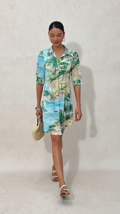 Vestido Camisero Recto de Satén Sedoso Riviera Costa Azul