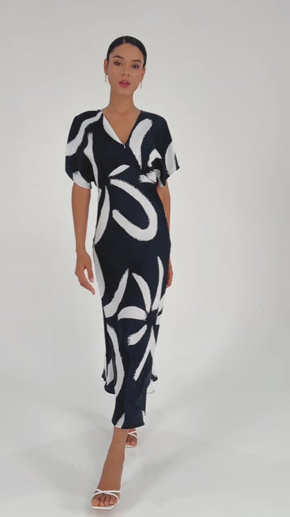 Abstract Floral Print Silky Satin Maxi Dress