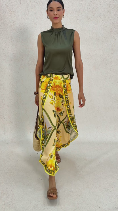 Hawaii Palm Satin Slit Wide Leg Pants