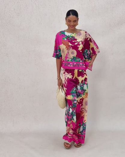 Fiery Pink Rose Silky Satin Wide Leg Pants