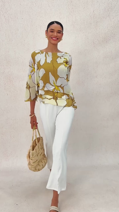 Golden Petal Glow Layered Chiffon Blouse