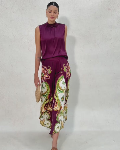 Burgundy Paisley Silky Satin Slit Wide Leg Pants