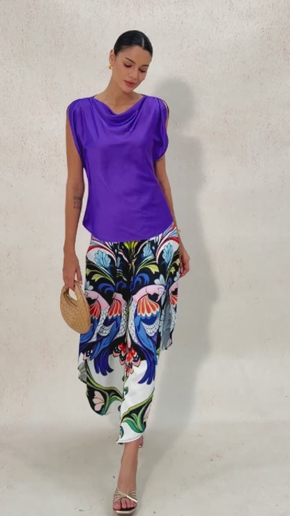 Bird Flower Satin Slit Wide Leg Pants