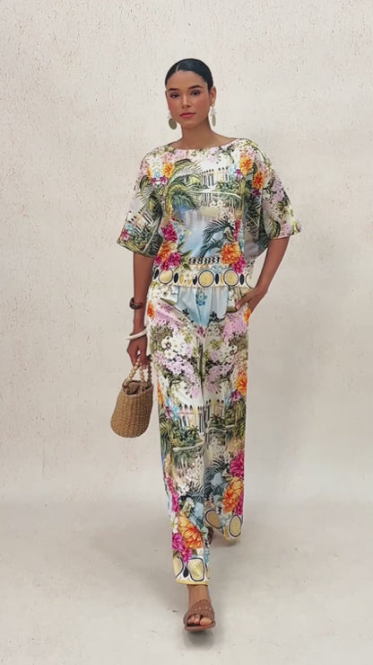 Pastel Floral Garden Silky Satin Dolman Batwing Top