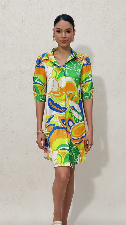 Boho Paisley Silky Satin Shirt Dress