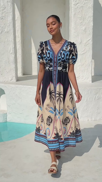 Summer Night Palm Linen-Like Maxi Dress