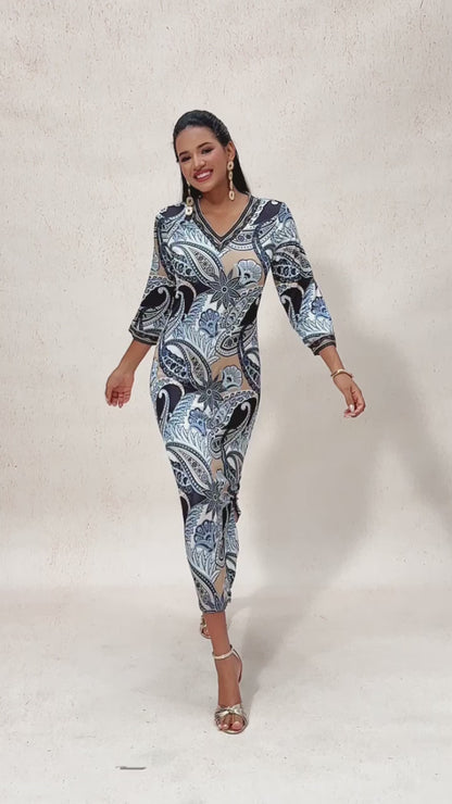 Abstract Paisley Print Knit Stretch Fitted Maxi Dress