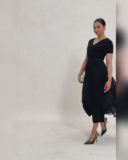 Paneled Design Faux Flowy Sheer Stretch Fabric Jumpsuit
