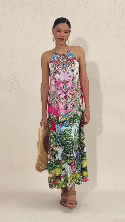 Rosa Dschungel-Party Maxikleid aus seidigem Satin mit Rautenmuster