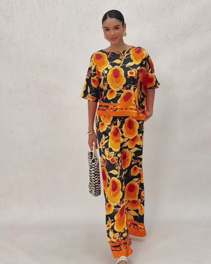 Sun Ember Silky Satin Wide Leg Pants