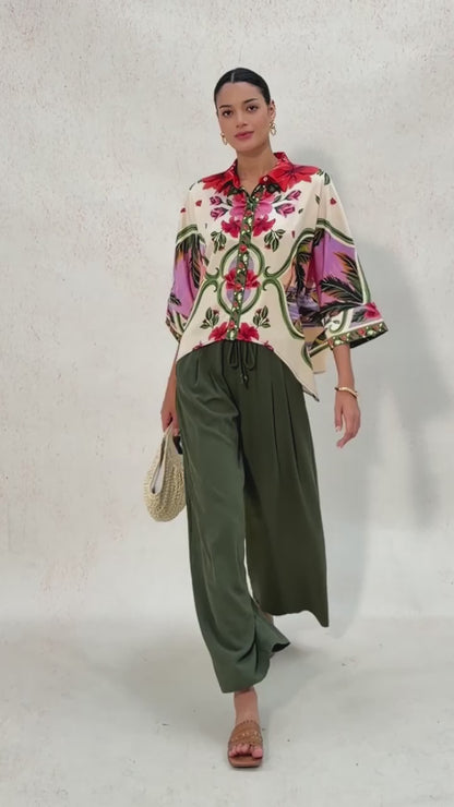 Hawaii Palm Silky Satin Button Down Oversized Shirt