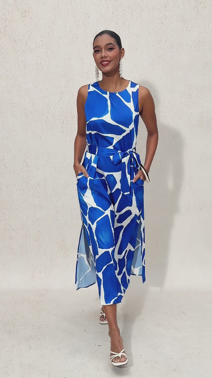 Vacation Geometric Color Block Print Straight Fit Satin Maxi Dress