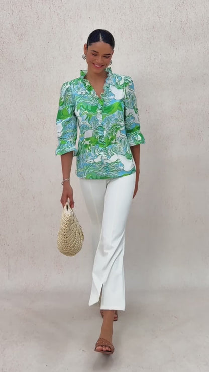 Graphic Art Mustang Ruffle V-Neck Linen Look Blouse