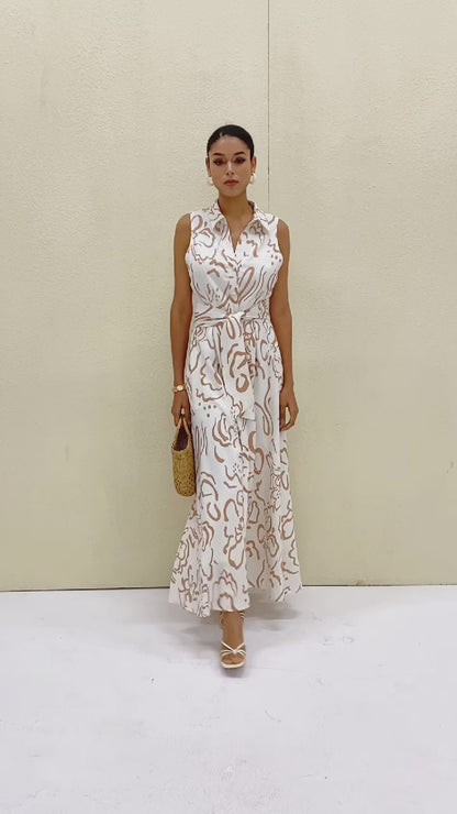 A-Line Abstract Print Pocket Waist Slim Fit Maxi Shirt Dress