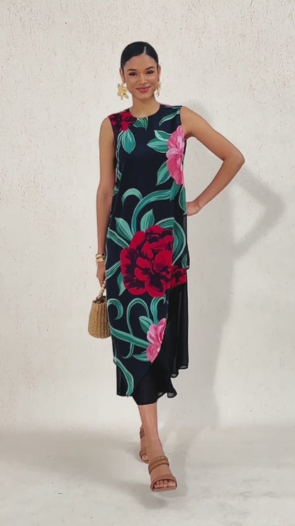 Maxikleid aus fließendem Chiffon „Emerald Rose Garden“