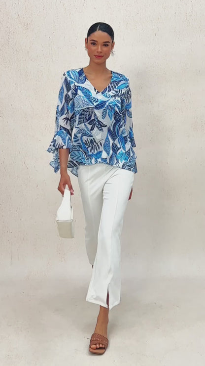 Azure Leaves Flowy Chiffon Blouse