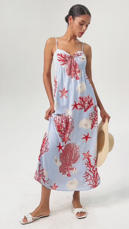 Rotes Chiffon-Maxikleid mit Ozeanmotiv und Spaghettiträgern