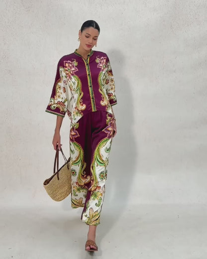 Burgundy Paisley Silky Satin Wide Leg Pants