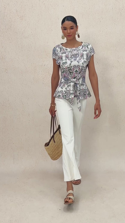 Mint Paisley Flora Stretch Cotton Tie Front Crewneck Tee