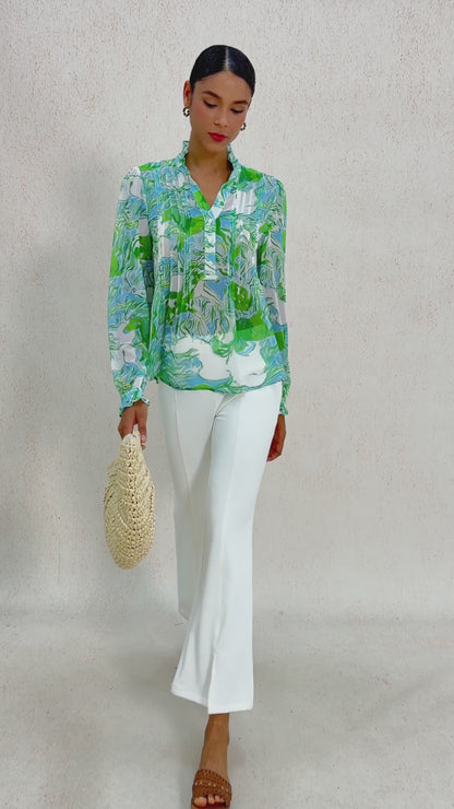 Graphic Art Mustang Ruffle V-Neck Chiffon Blouse