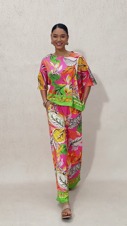Wild Hibiscus Dream Silky Satin Dolman Sleeve Top